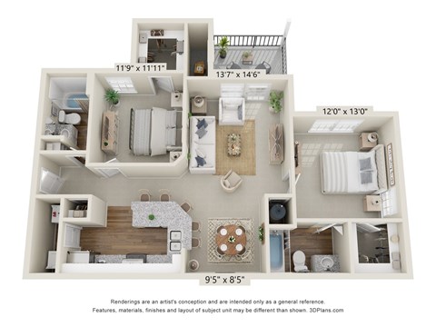 A 3D floor plan of a small apartment with a kitchen, living room, and bathroom.